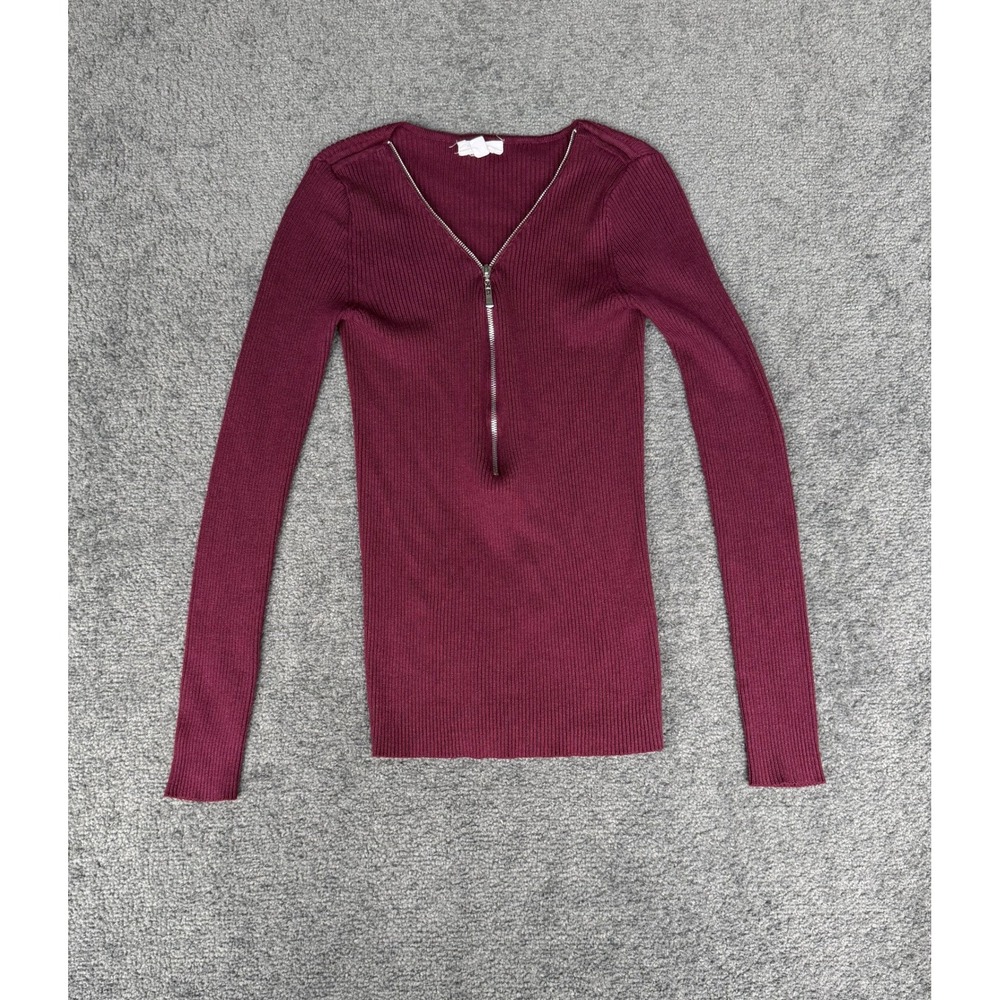 Ambiance Womens Burgundy Ribbed Knit Half Zip Long Sleeve Top Size Small